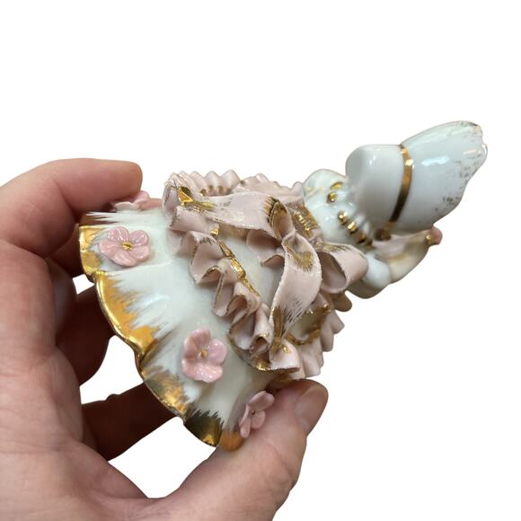 Lefton Bloomer Girls by Geo Z Figurine Gold Pink Dress 50s Victorian FLAW READ - Picture 9 of 13